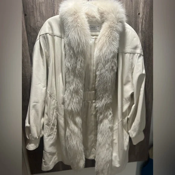 Y2K Leather Cream lamb Fur-Trimmed Women's Coat findland died real fur large - Picture 2 of 6